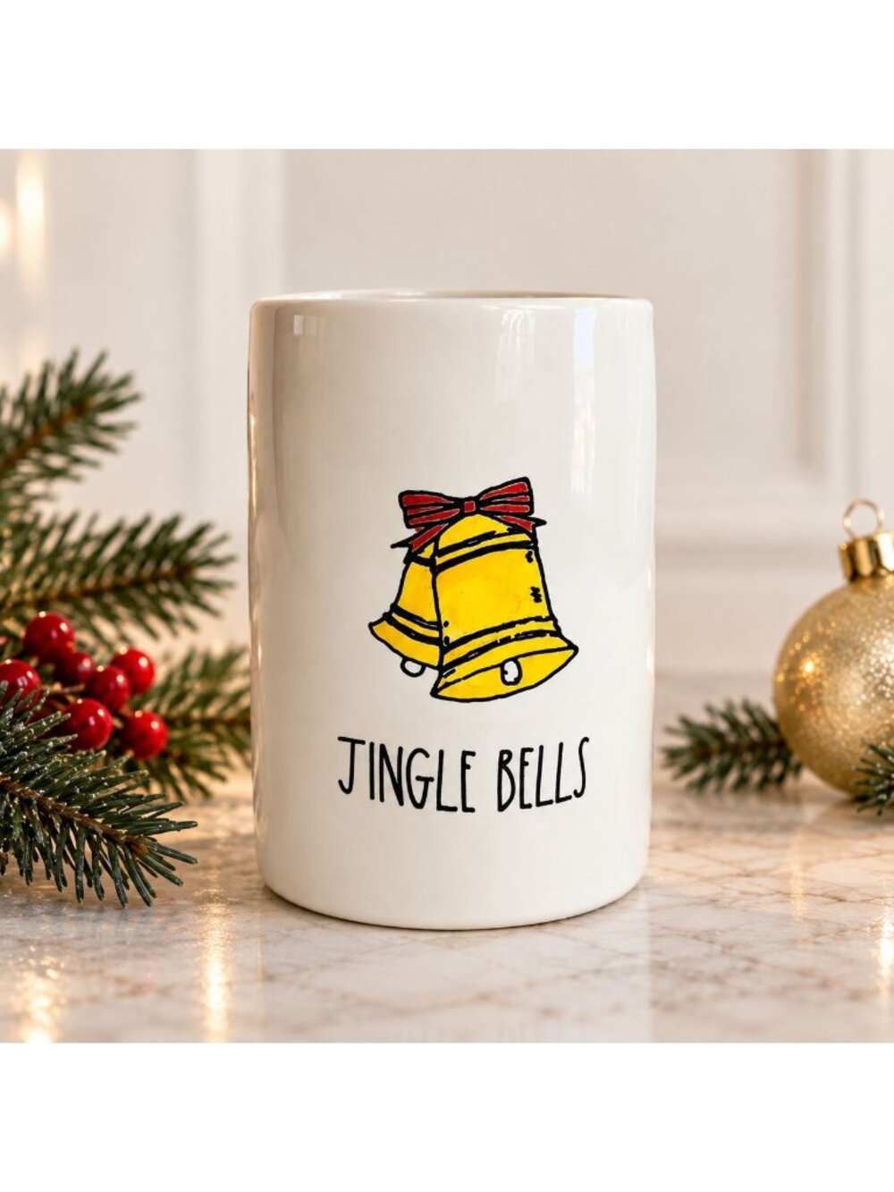 Rae Dunn Jingle Bells Christmas Candle Holly Mistletoe Yellow Bells New Holiday
